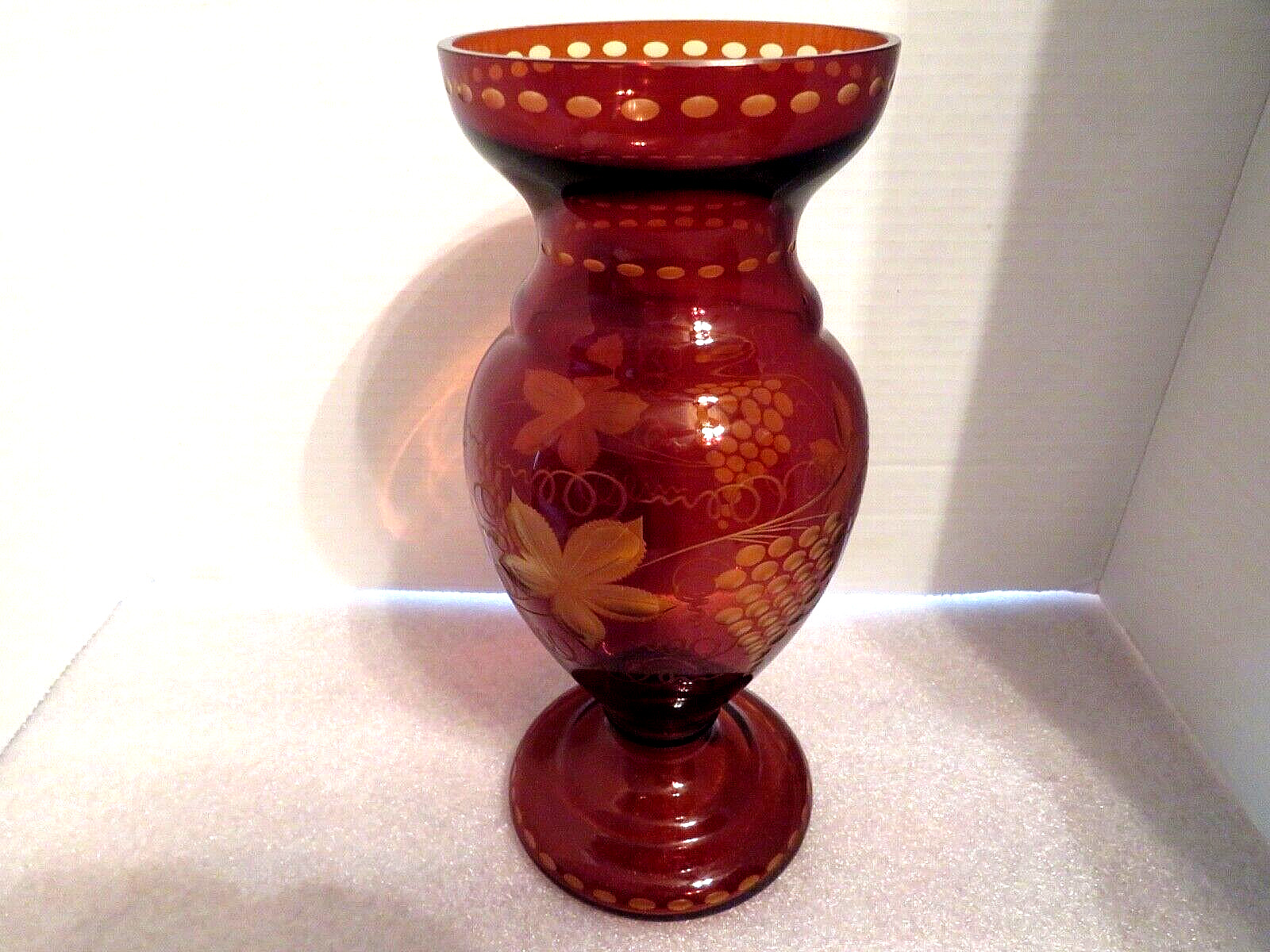 Vintage Ruby Cut to Clear Czech Republic Bohemian Glass Vase Grape Vine