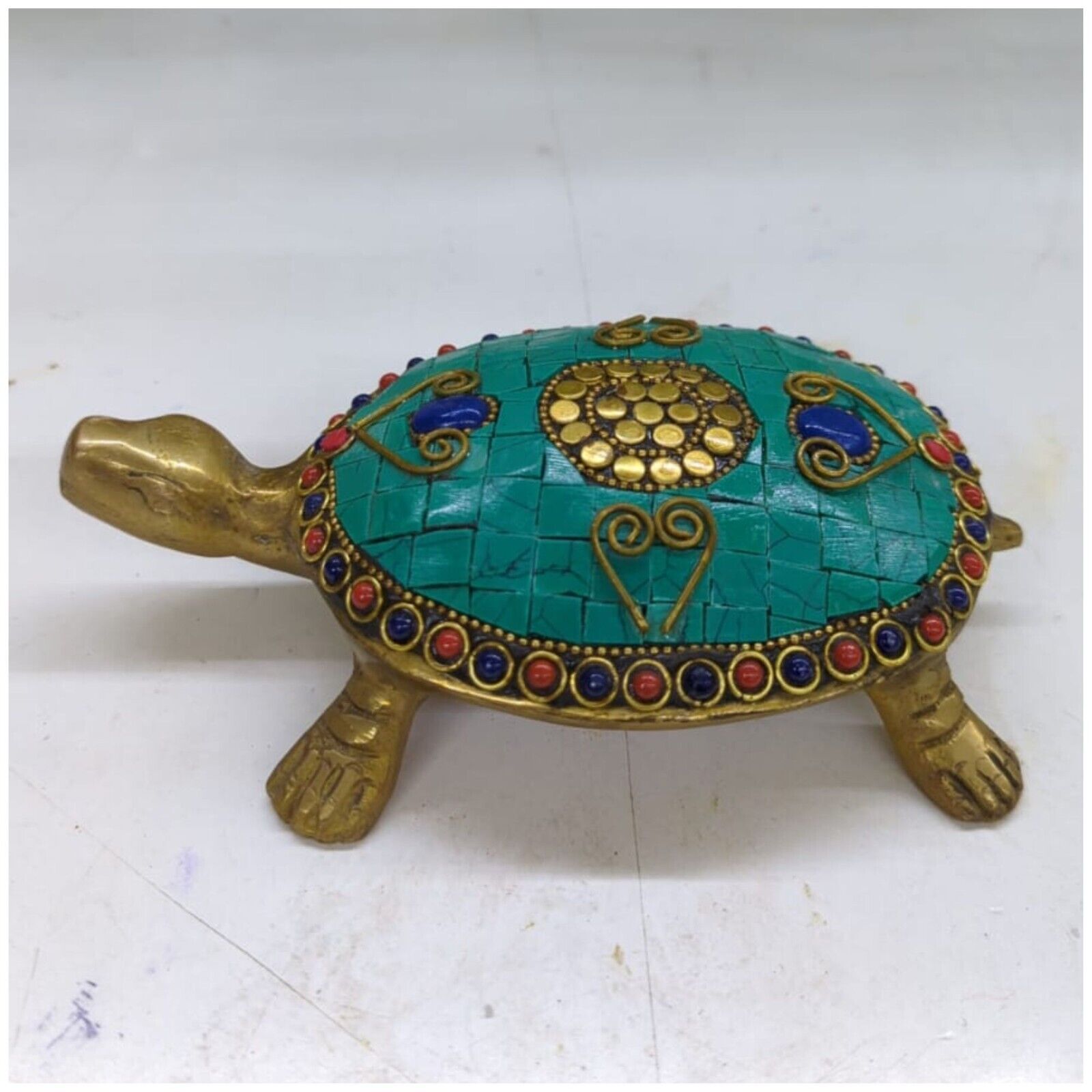 Brass Tortoise with Beautiful Stone Work Statue Turtle Sculpture Figure Gifts
