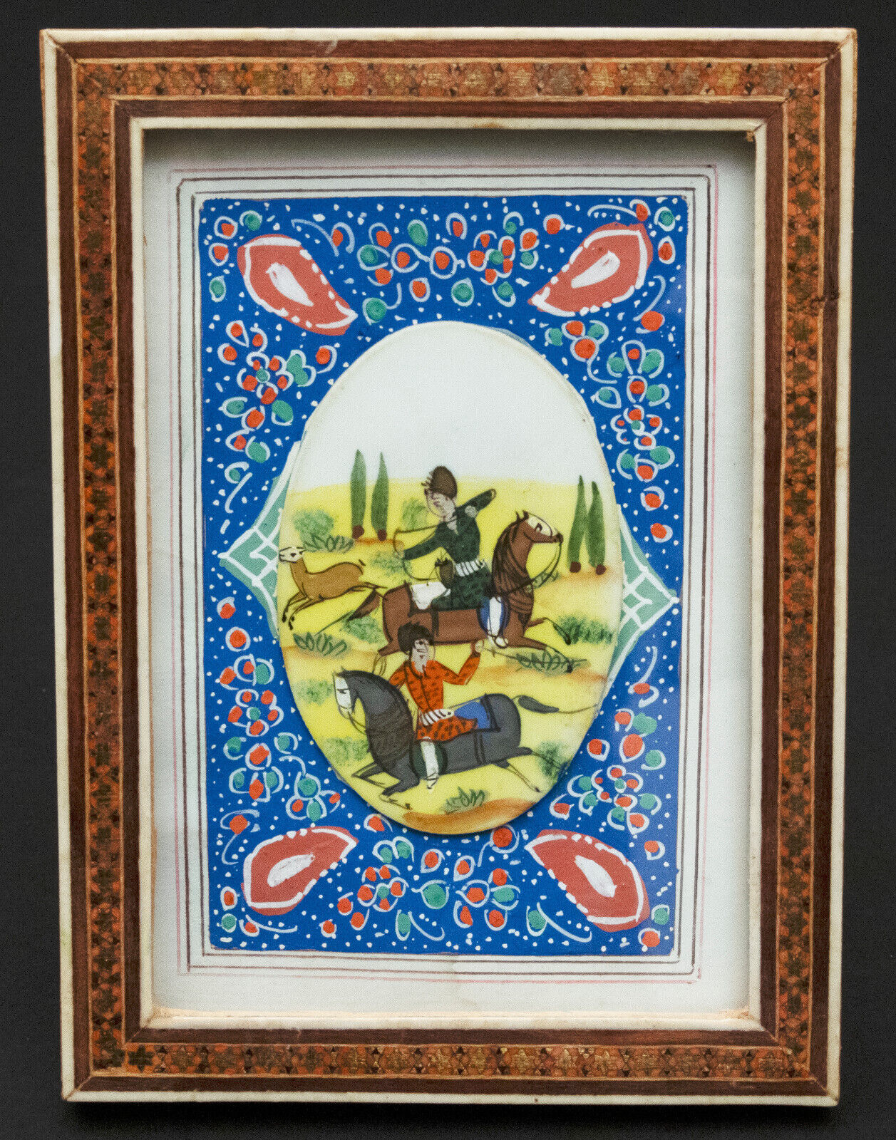 Persian Miniature Painting Horseback Deer Hunting Scene With Khatam Frame