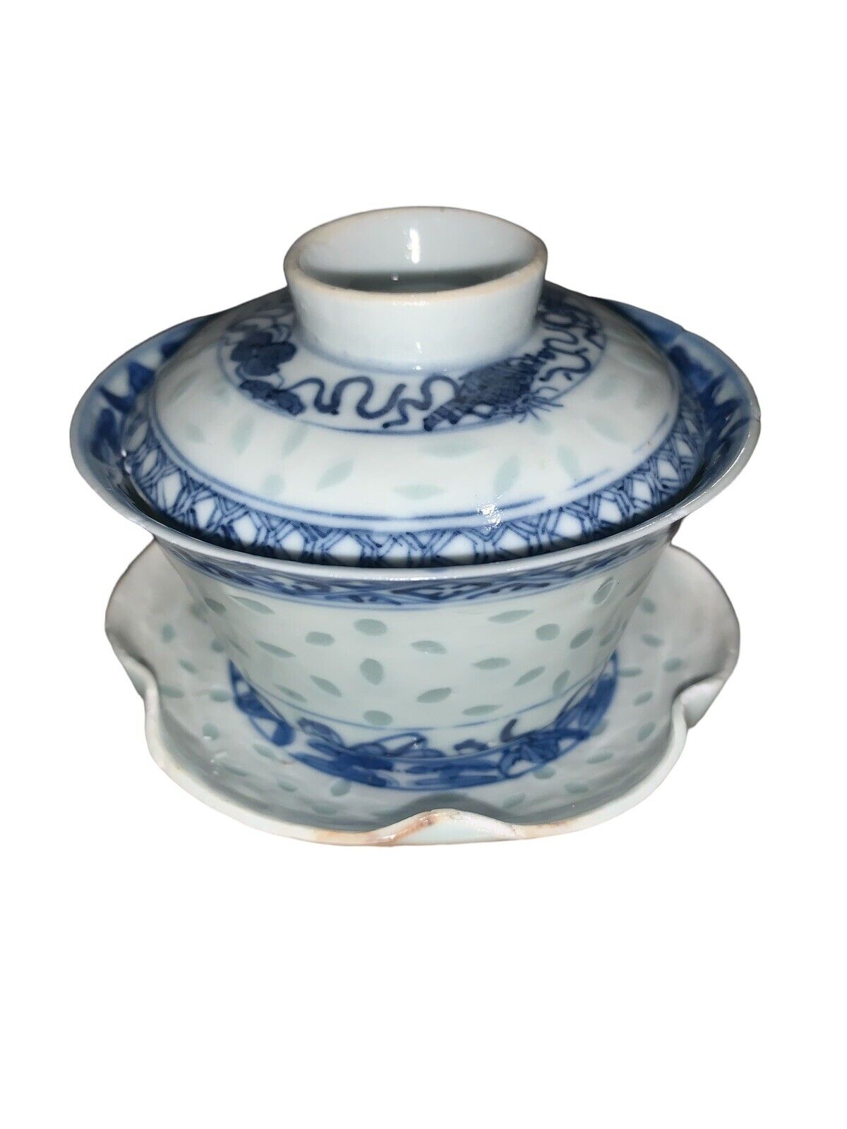 19th Century Chinese Rice Grain Rice eye Blue White Tea Cup Kang Xi Marks READ