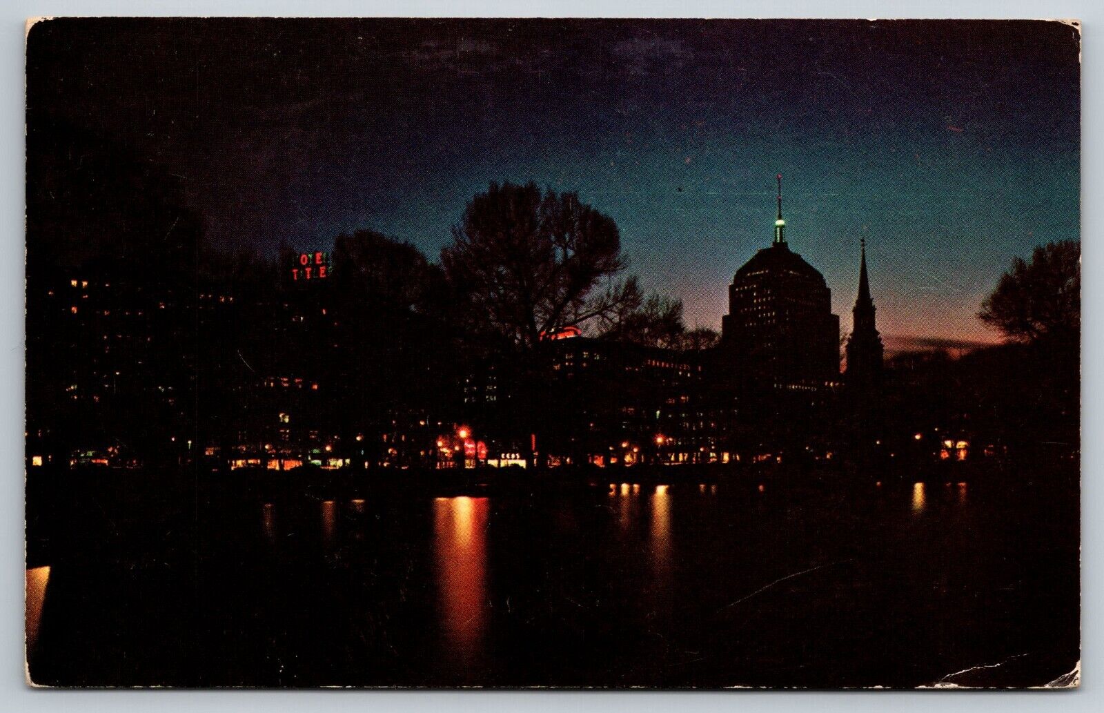 Boston Massachusetts Park Square Back Bay Skyline at Night Posted 1957 Postcard