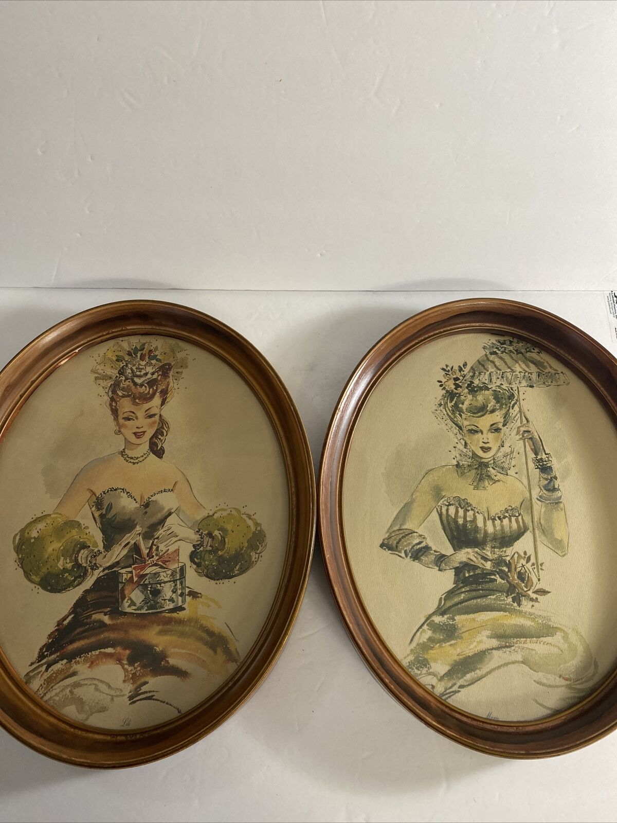 2 BEAUTIFUL VINTAGE VICTORIAN WATER COLORS PRINTS OF LADY IN OVAL FRAME
