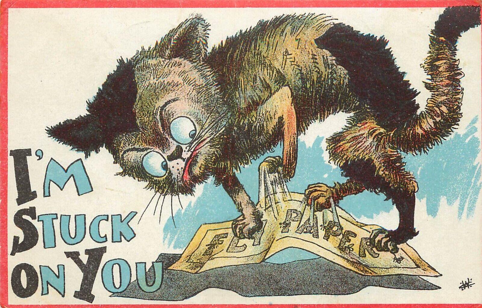 Ugly Cat Stuck on Fly Paper Postcard 99 I'm Stuck on You