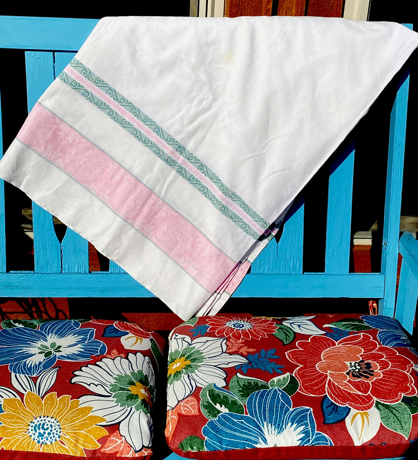 Vintage Jacquard Cotton 56” X 80” Farm House Tablecloth Pink Sage Green Damask