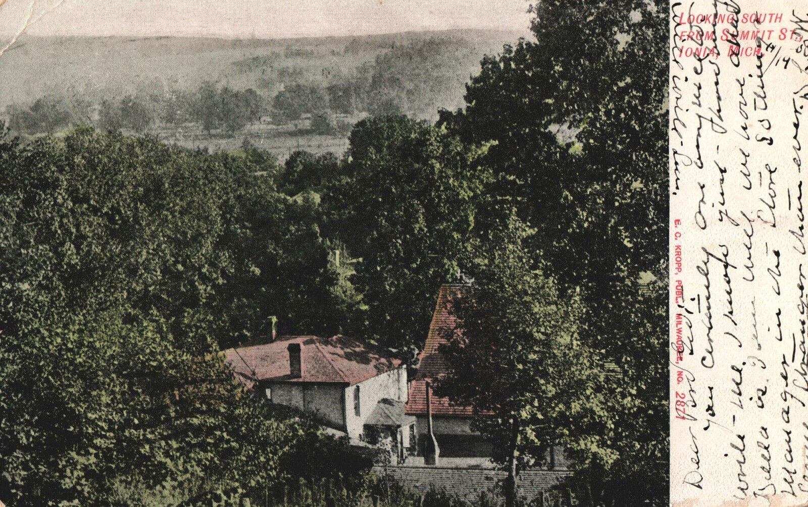 VINTAGE POSTCARD AERIAL VIEW FROM SUMMIT STREET IONIA MICHIGAN MAILED 1908