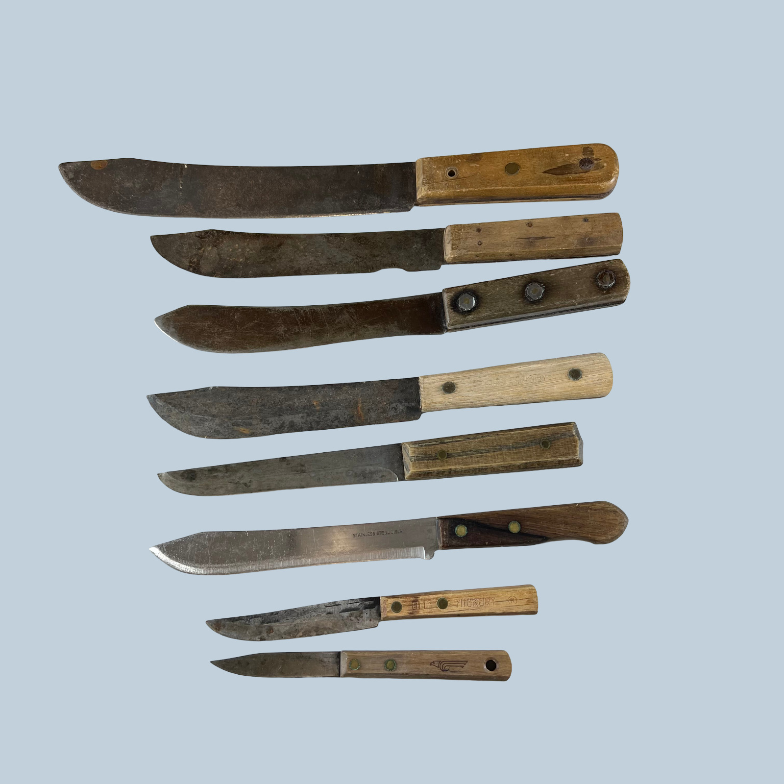Lot Of 8 Vintage Butcher Knives Primitive - Ontario Knife Co, Ekco Forge, Etc.