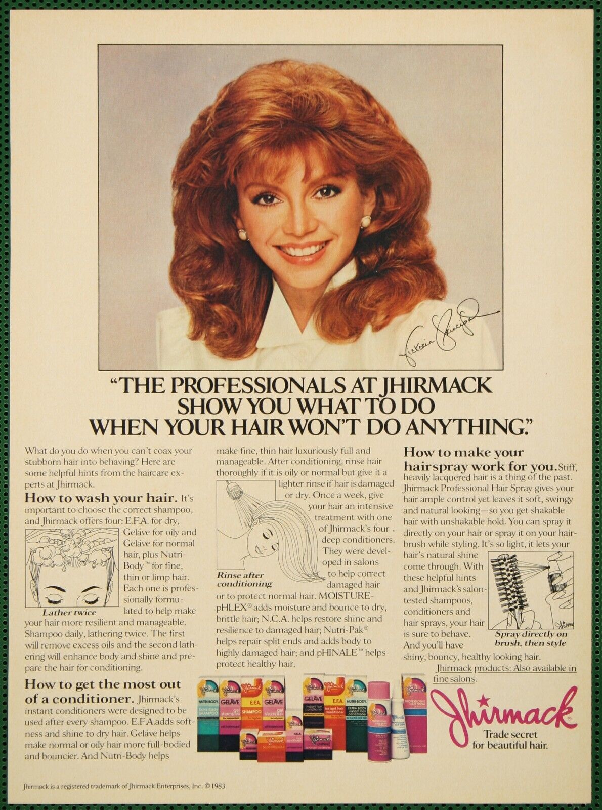 Jhirmack Hair Shampoo Conditioner Spray Victoria Principal Vintage Print Ad 1984