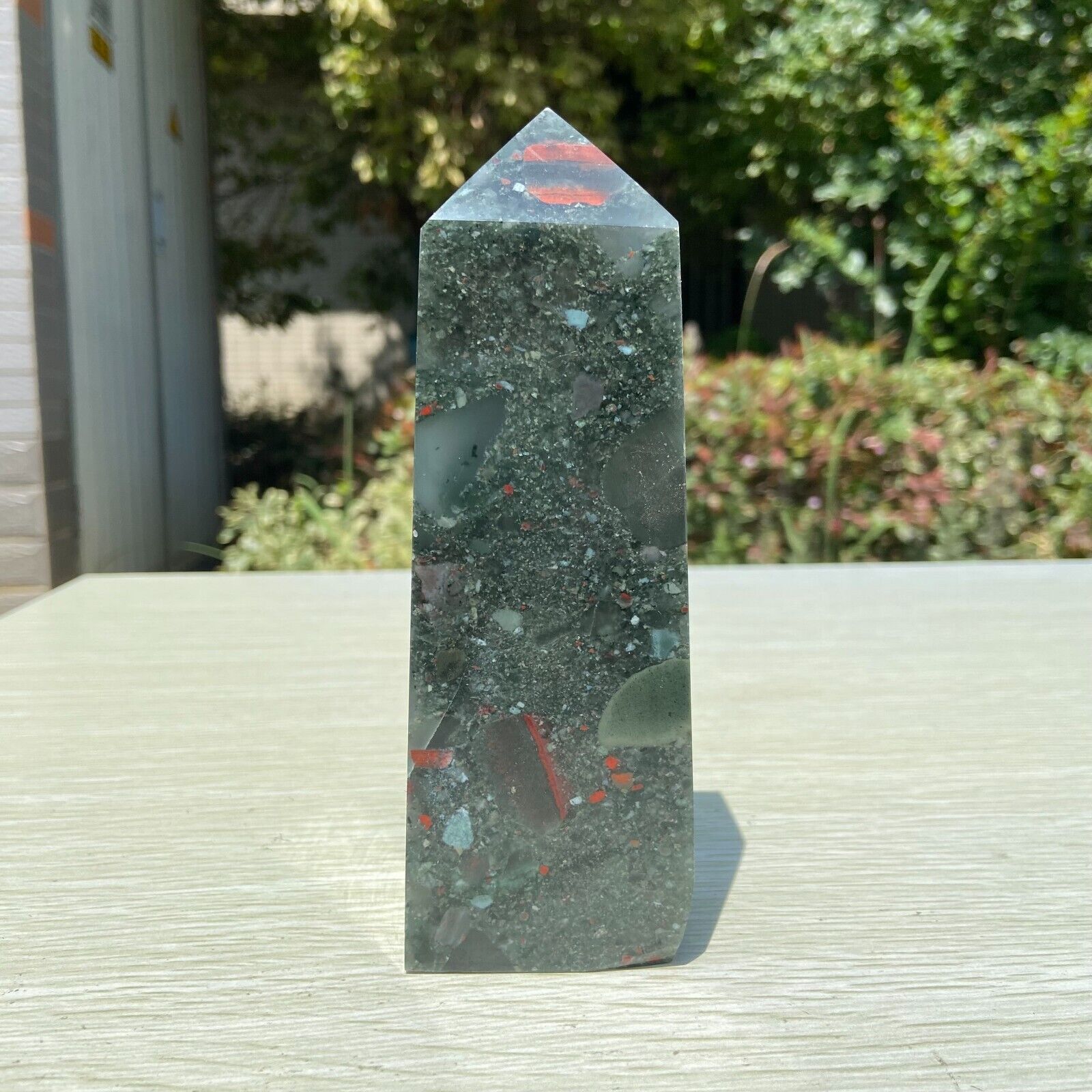 1.3LB 5.9\'\'Natural Blood Stone Point Crystal Obelisk Healing Decor Quartz Tower