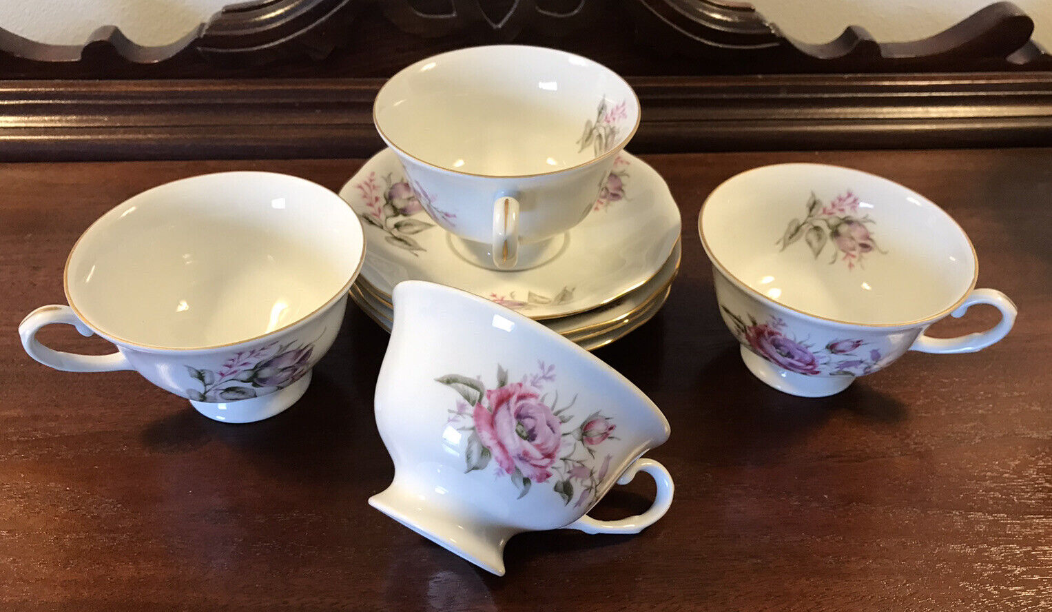 FAVOLINA POLAND VTG PINK LAVENDER ROSES GOLD TRM LOT OF 4 FOOTED CUP & SAUCERS