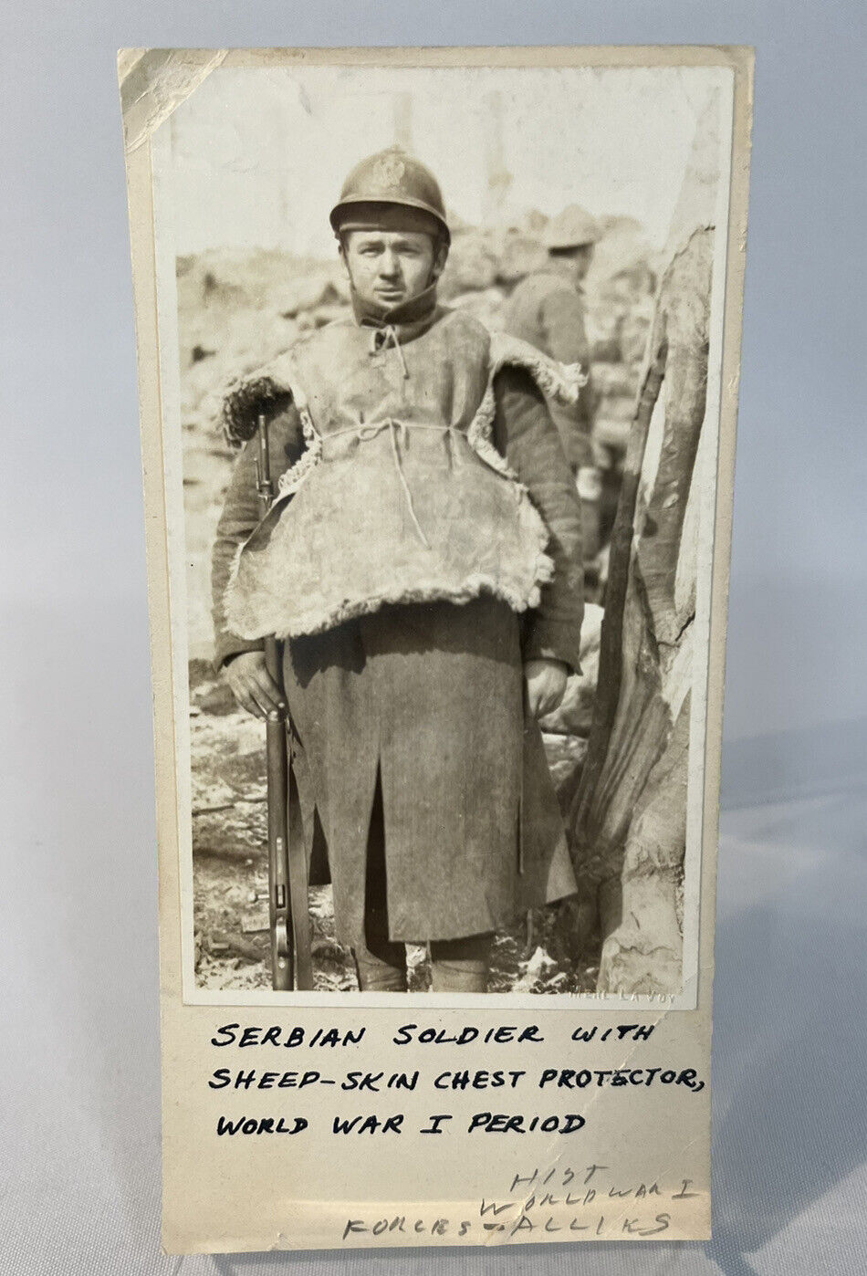 Vintage WWI Serbian Soldier with Sheep Skin Chest Protector, taken Merl la Voy