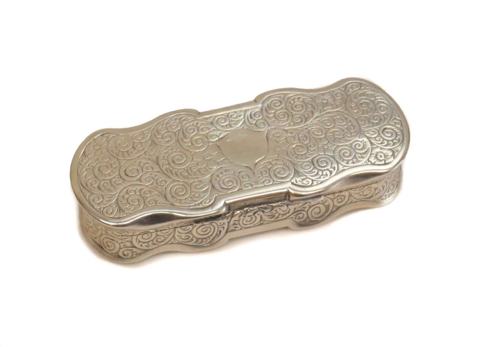 John Tongue Birmingham Sterling Silver Snuff Pill Box, 1853, Hand Chased Florals