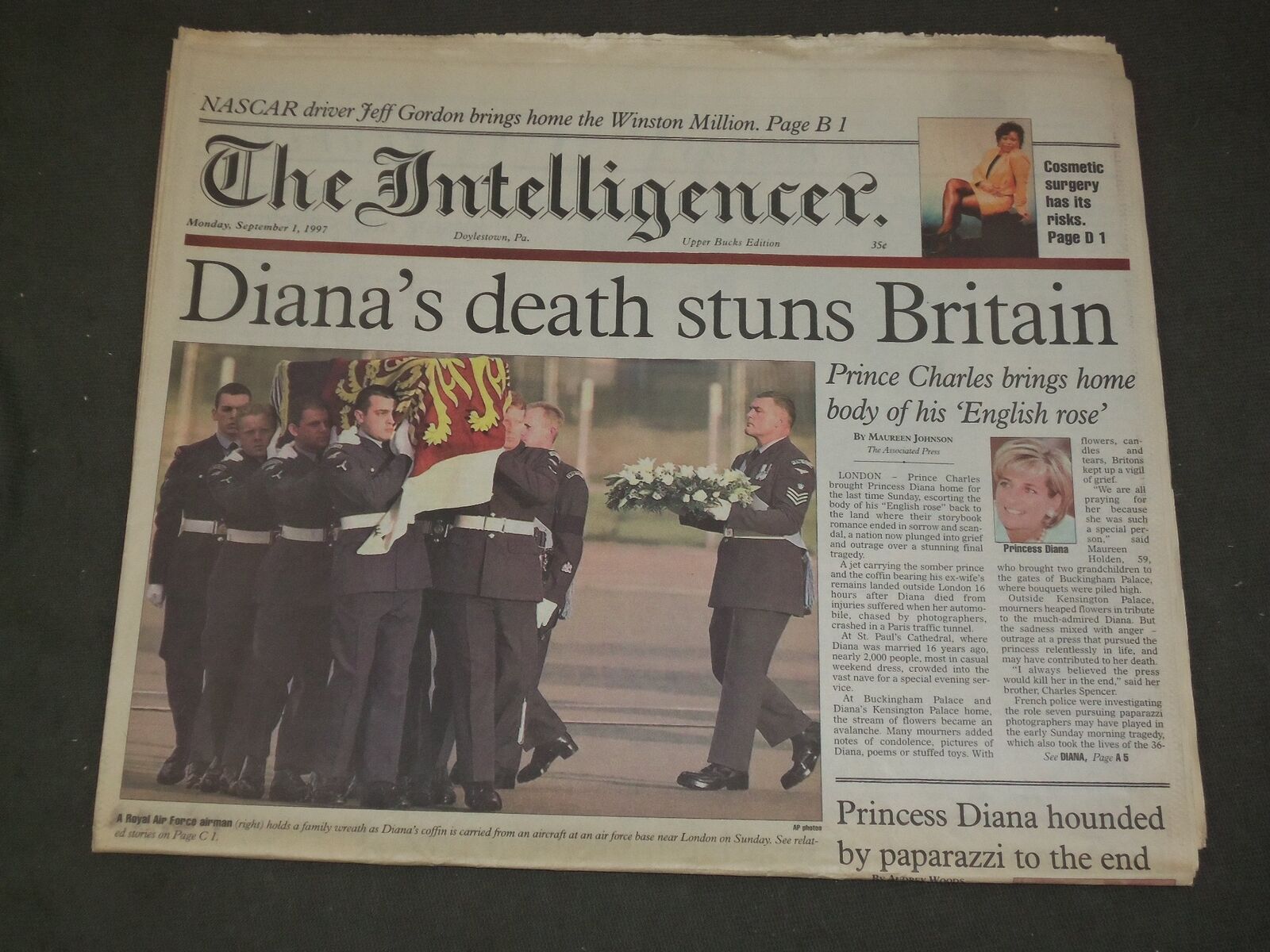 1997 SEPTEMBER 1 THE INTELLIGENCER NEWSPAPER - PRINCESS DIANA DEAD - NP 3332