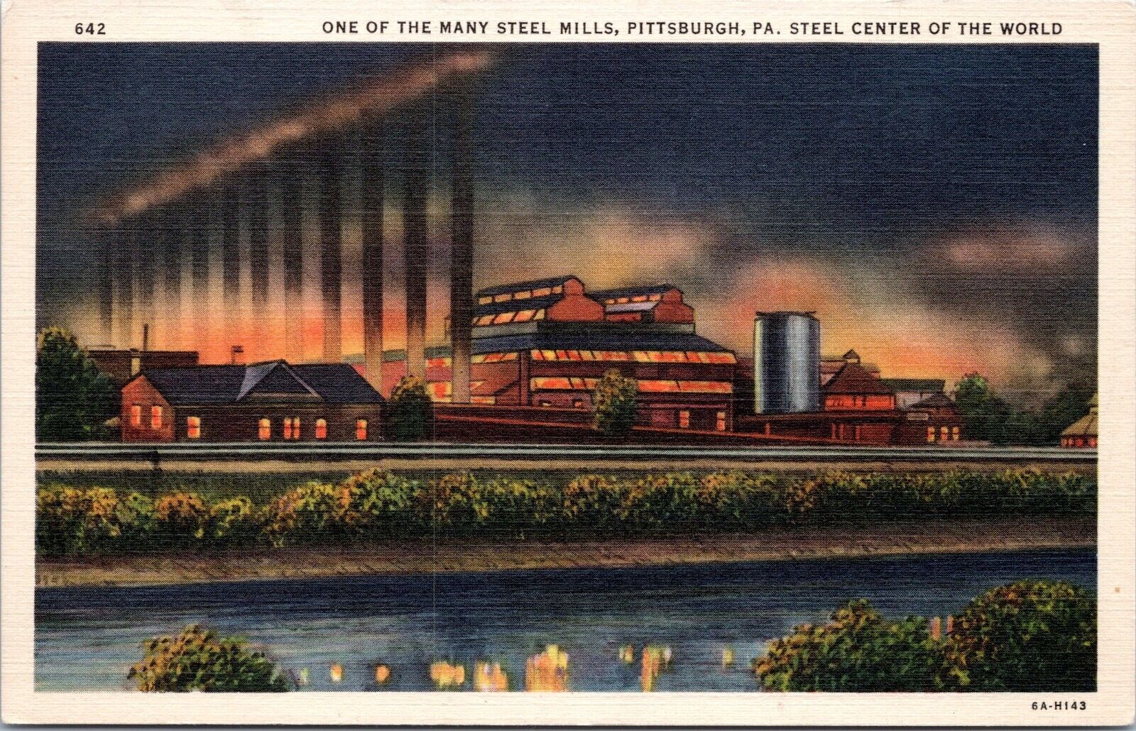 Steel Mill at Night, Pittsburgh, Pennsylvania- 1936 Linen Postcard