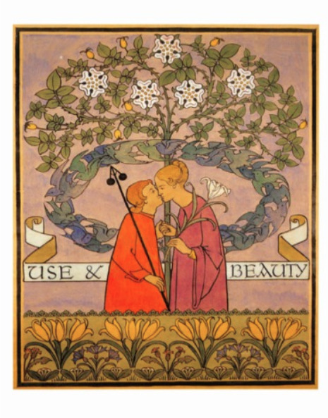 Postcard: CFA Voysey repro print - Use & Beauty, Doves, Lily, Man & Woman Kiss