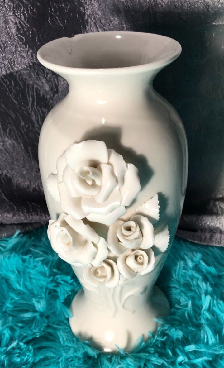 Vintage Princess House Porcelain Bud Vase White With 3D Roses