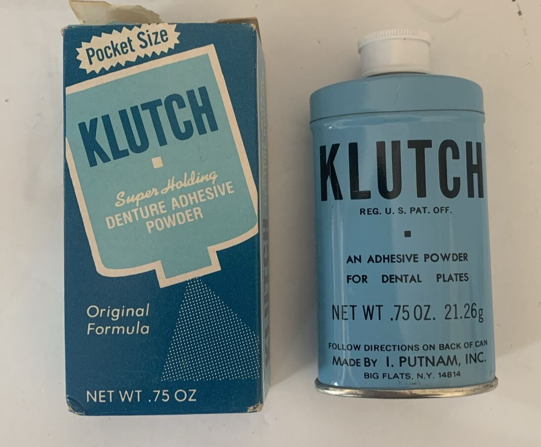 Vintage Klutch An Adhesive Powder For Dental Plates .75 Oz Tin Full Original Box