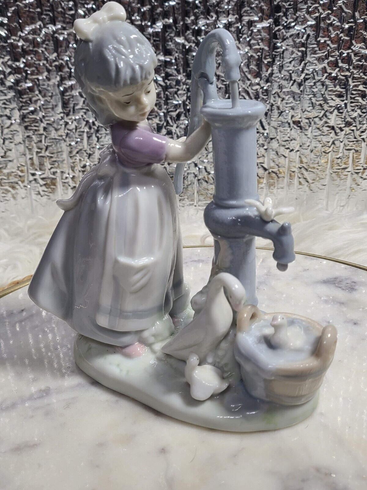 Vtg Lladro Figurine Summer on the Farm Girl Using Water Pump W Geese Taking Bath
