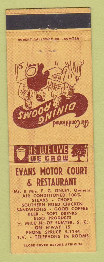 Matchbook Cover - Evans Motor Court Restaurant Sumter SC
