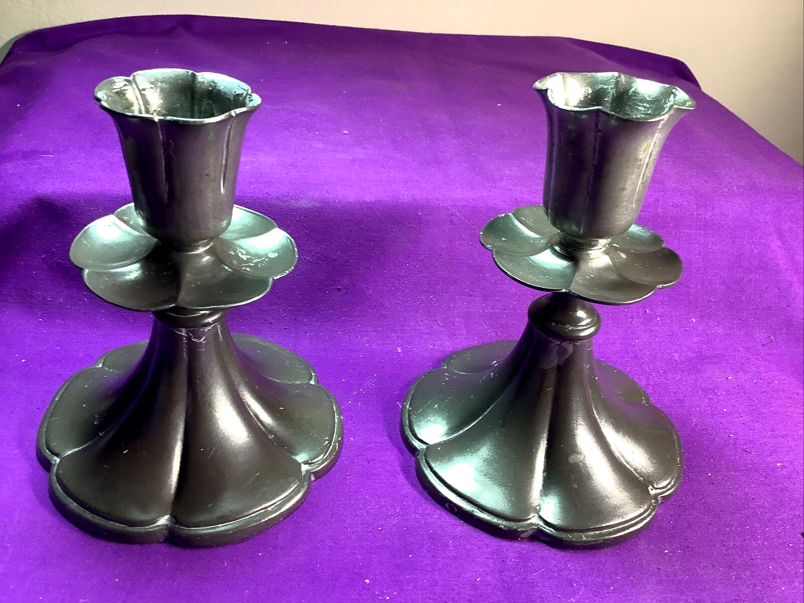 Pair Antique Hand-Crafted Pewter Candle Holders Signed The Danish Silversmith