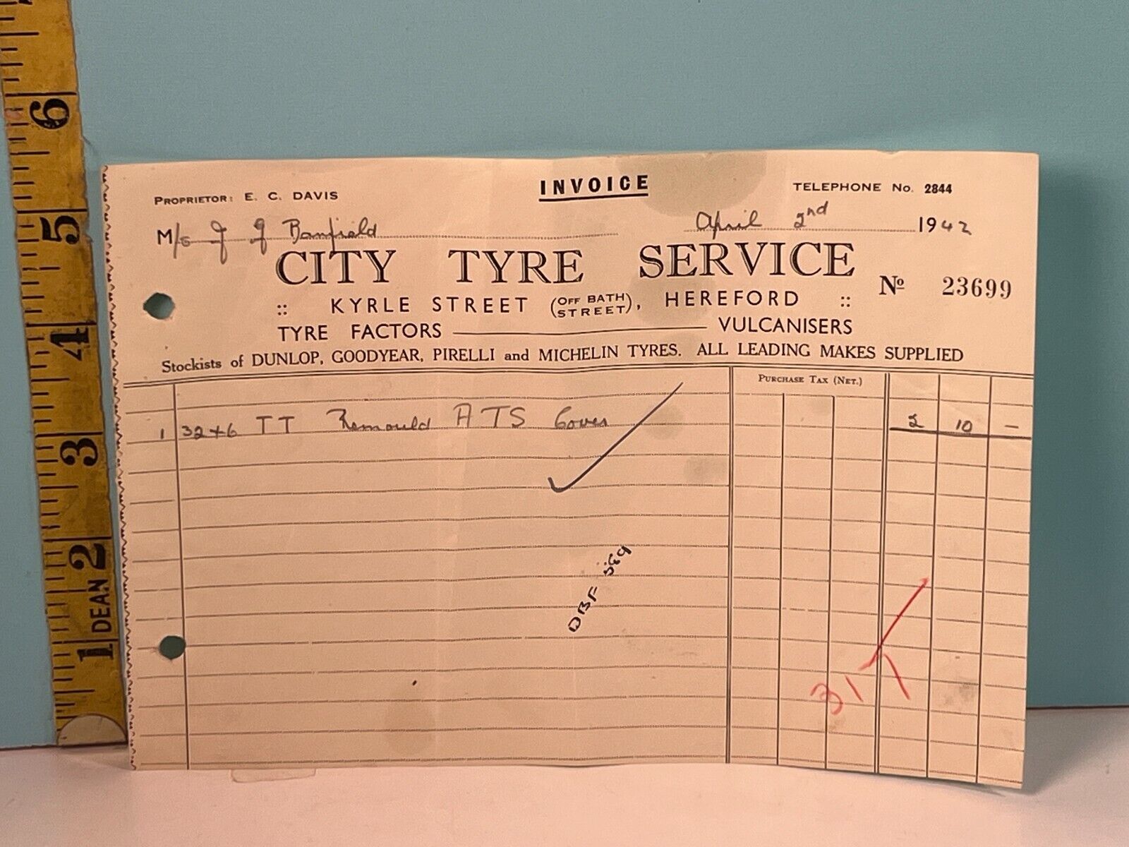 1942 City Tyre Service remount tires Invoice , Herefordshire, England