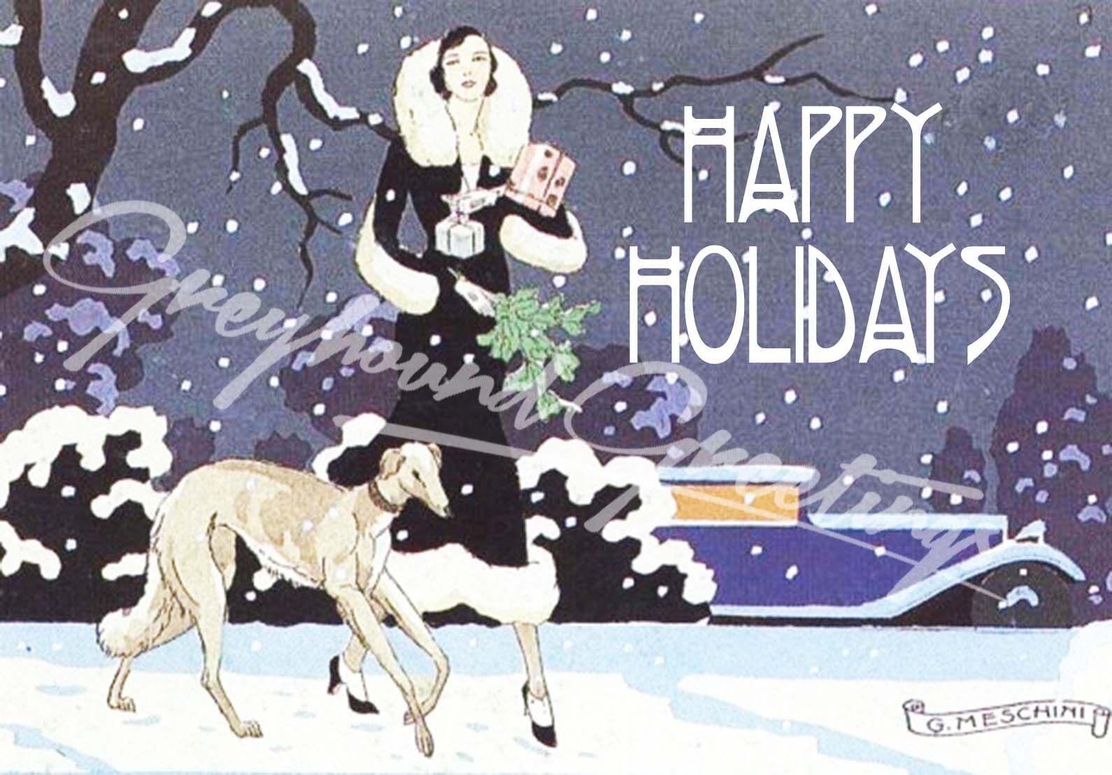 Vintage Altered Art Greyhound and Lady Happy Holidays Cards - Set of 4, with env