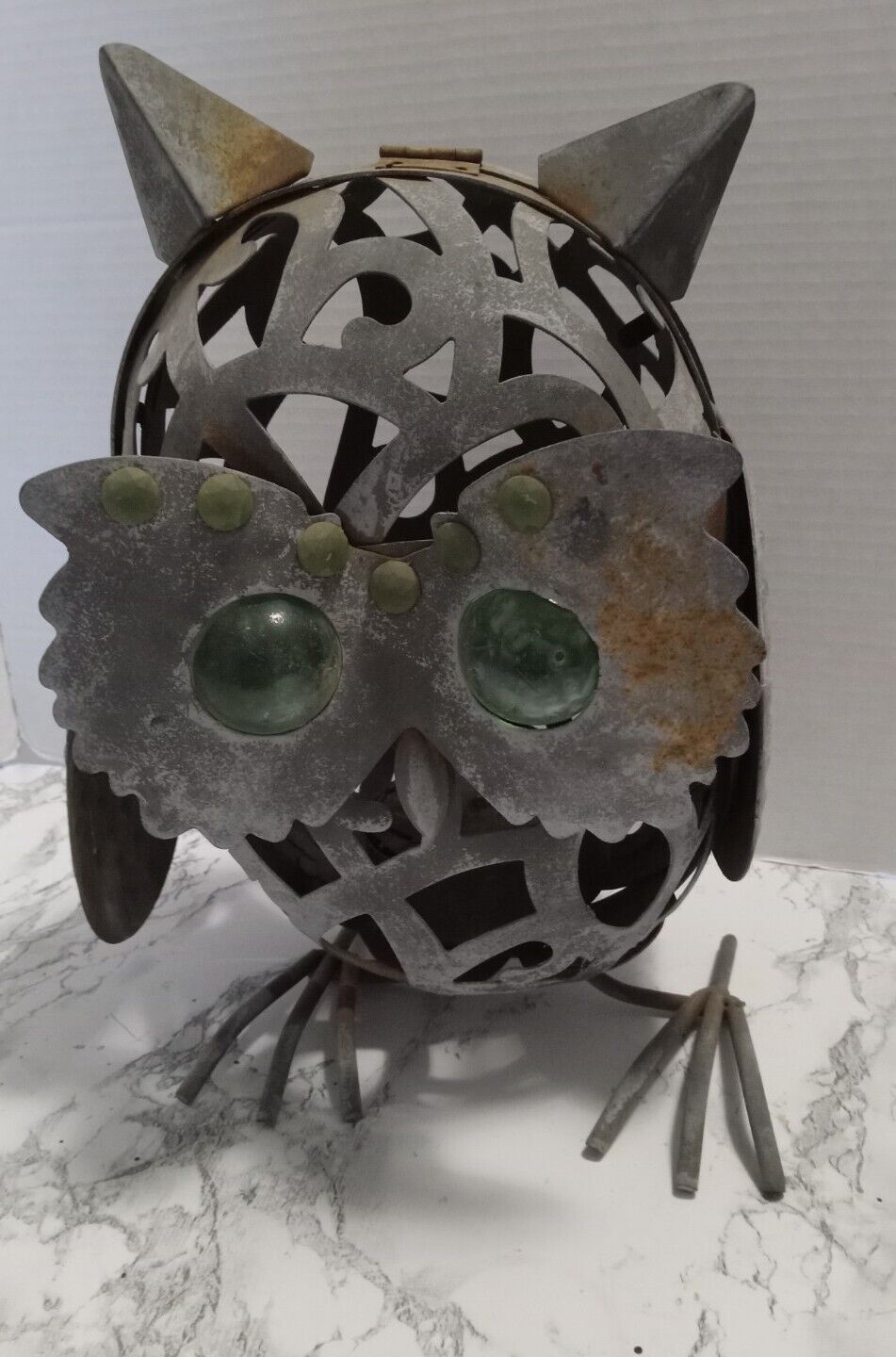 rustic old Punched Metal  Barn Owl with marble eyes candle holder