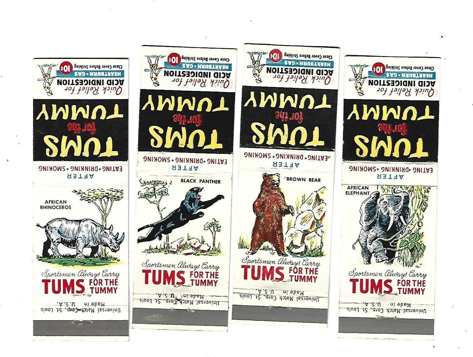 4 Tums for the Tummy - 10 cents    Matchcovers    Wild Animals