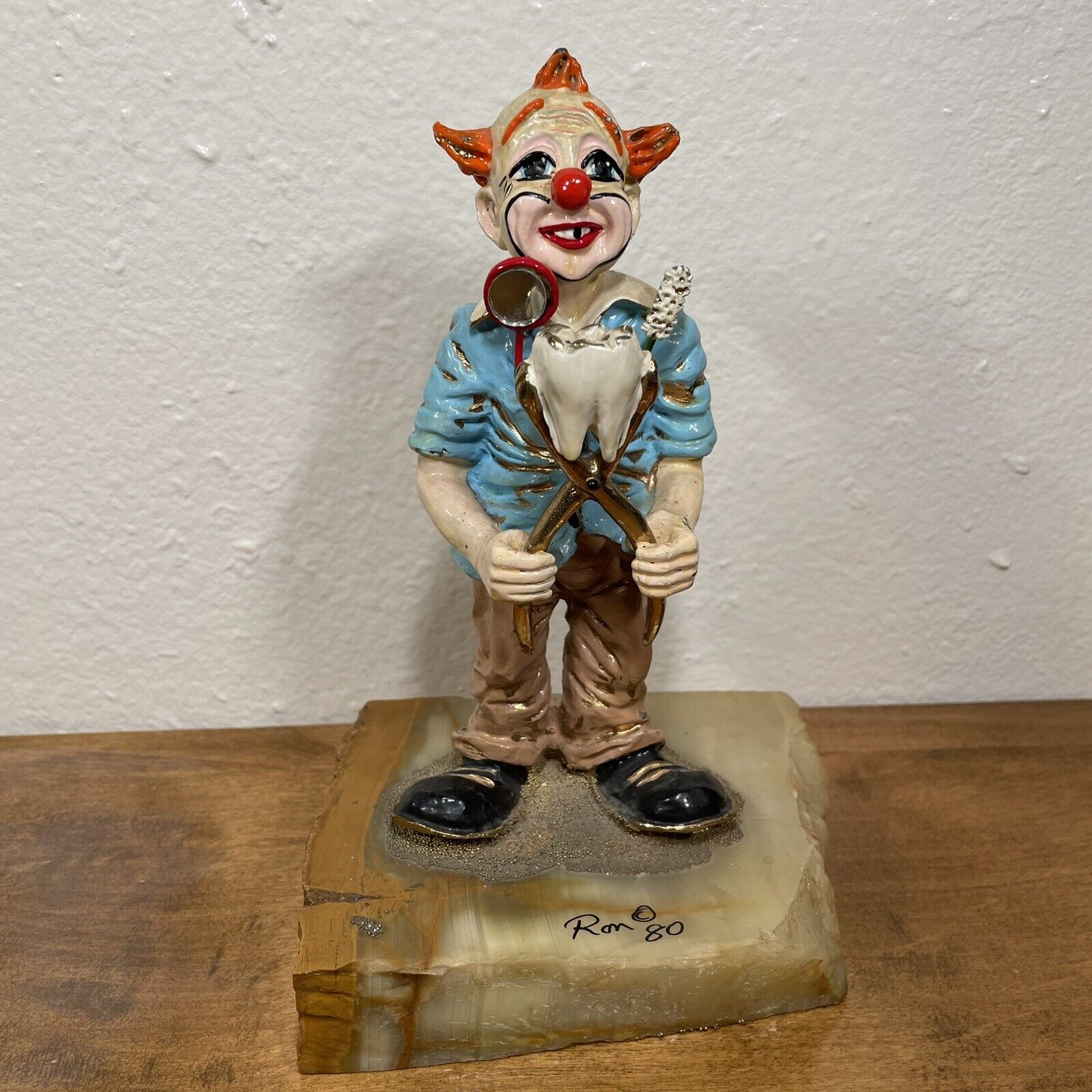 Rare 1980 Ron Lee Creepy Clown Dentist With Pulled Tooth Metal Sculpture Stone