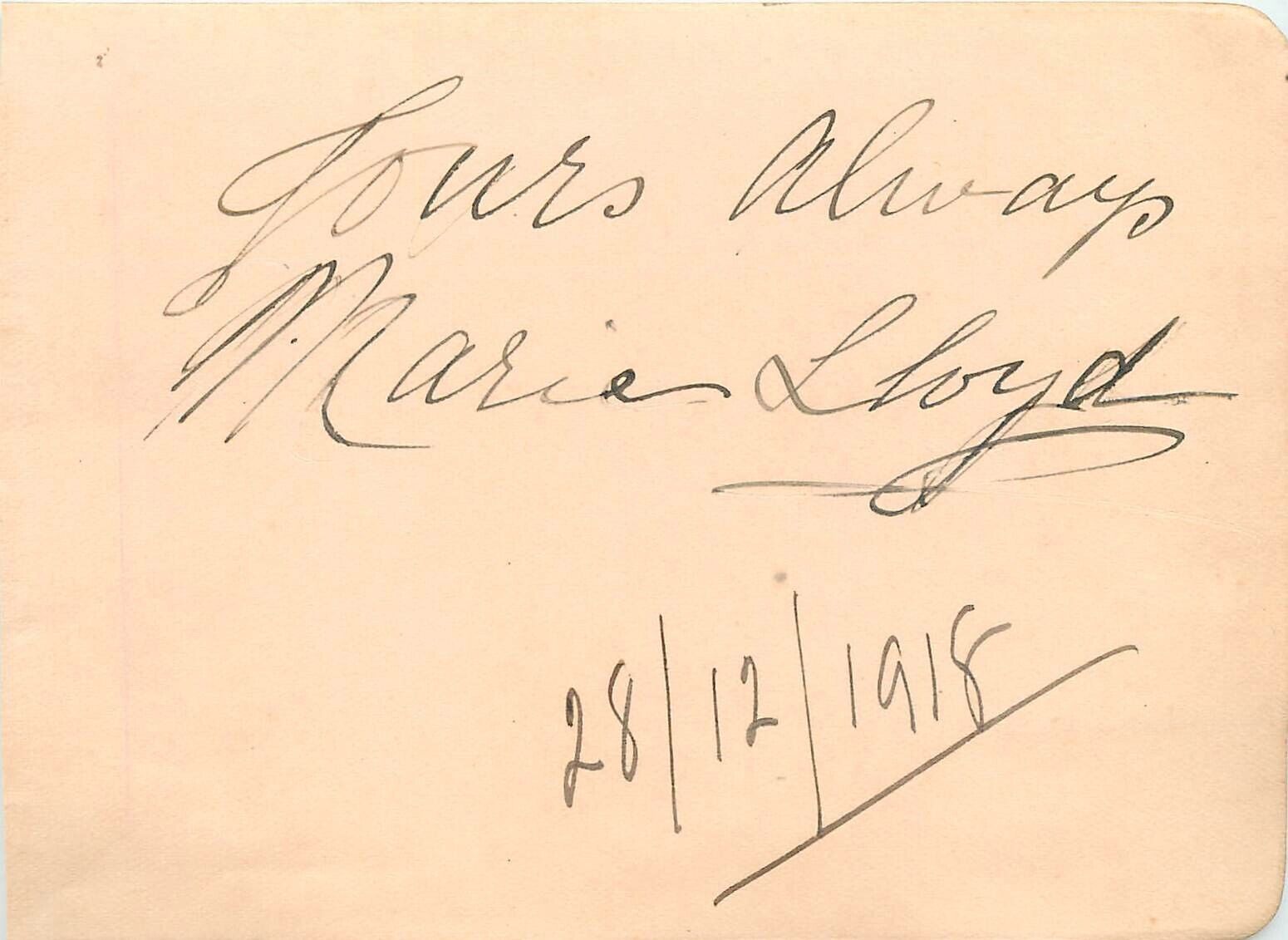 Vintage Signed Autograph Cut - English Music Hall Singer - Marie Lloyd 1918