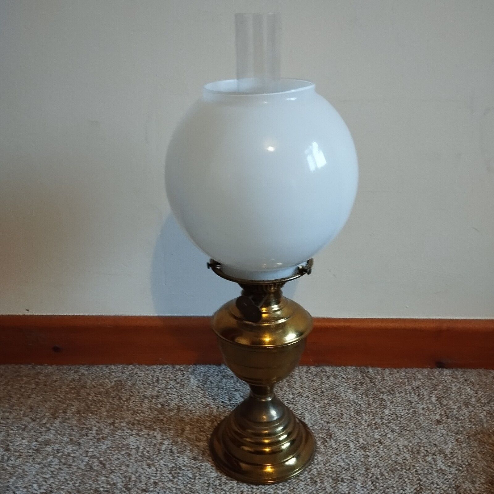 Brass Oil Lamp Veritas Duplex Milk Glass Paraffin with Shade Flume Chimney