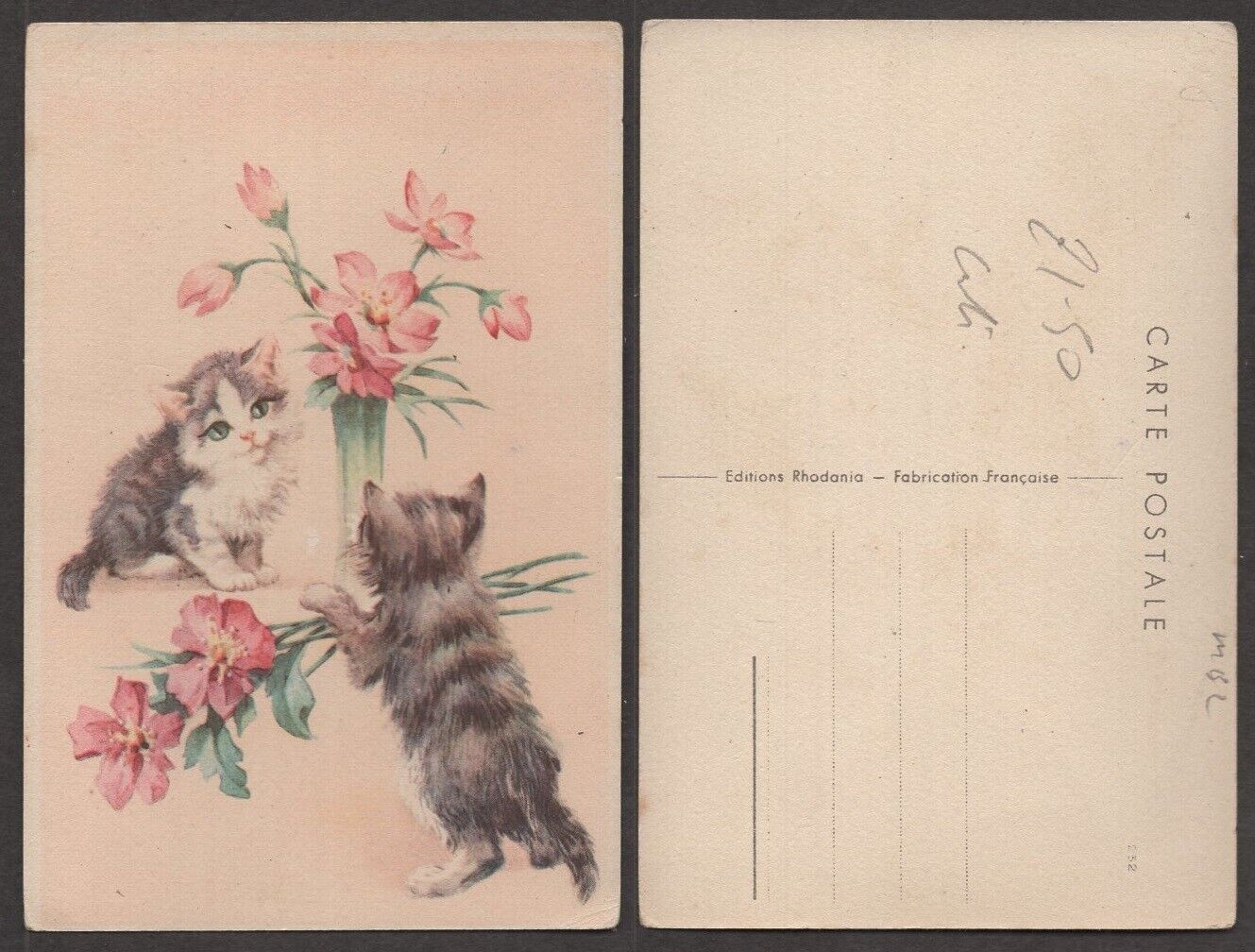 Old Cat Postcard – Two Kittens with Flowers