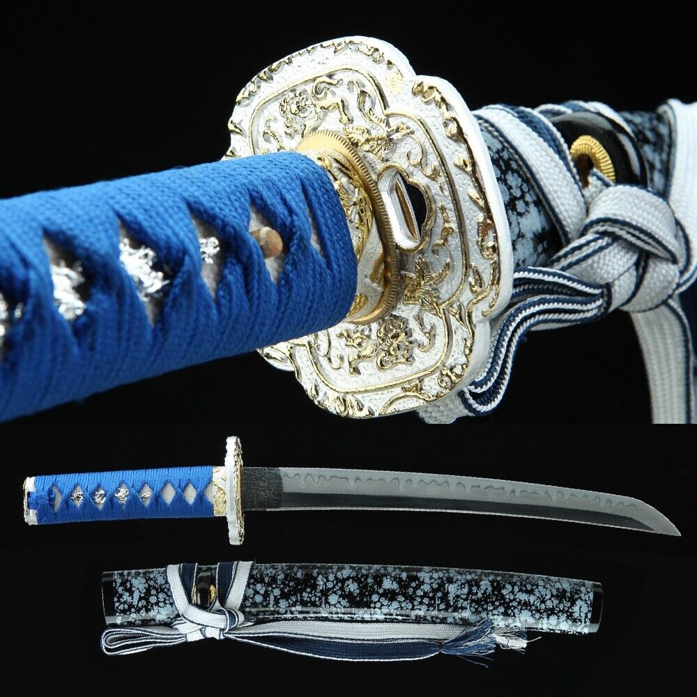 Blue Tanto Sword Handmade Clay Tempered 1095 T10 Steel Japanese Katana Samurai