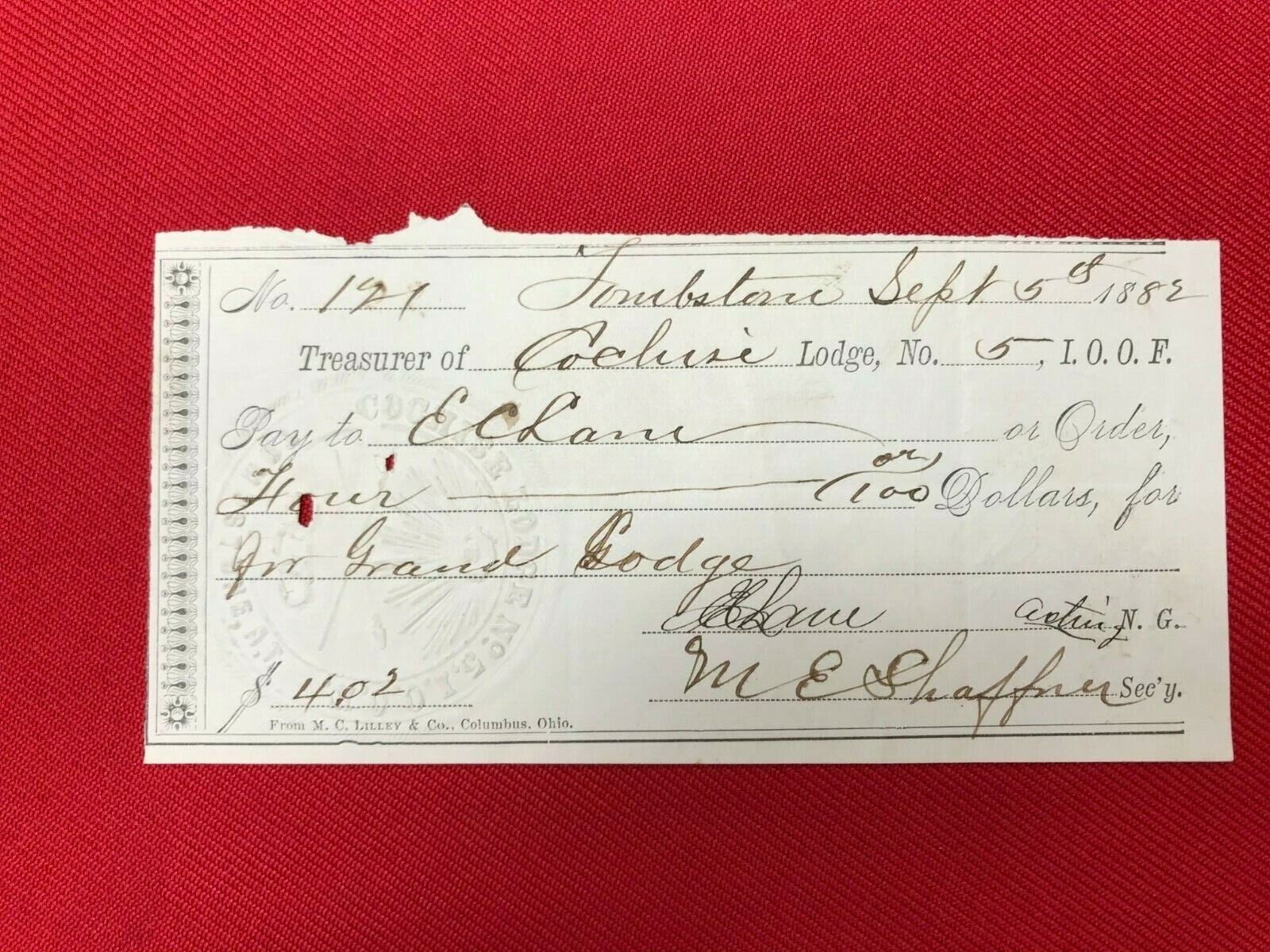 1882 Cochise Lodge#5, Tombstone Receipt, Sept. 5, 1882
