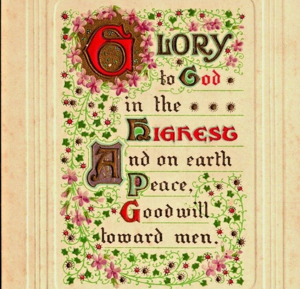 Illuminated Text Glory to God Happy Christmas 1910s UNP Embossed Postcard