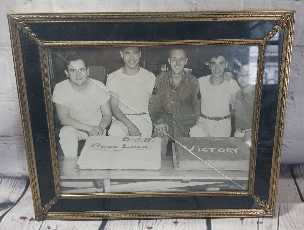Vtg B&W Photo US Military D-28 Good Luck Victory Cakes Framed Cracked Glass 8x10