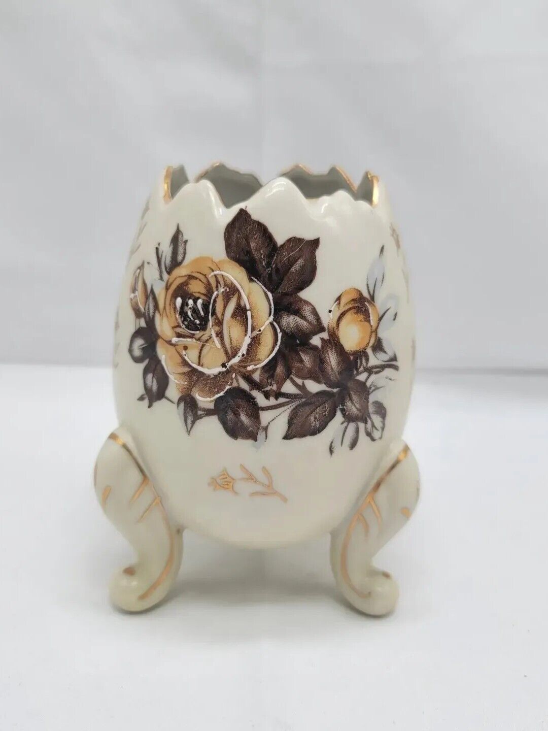 Napcoware Porcelain Cracked Egg Cup Vase 3-Footed Vintage Gold Brown Flowers