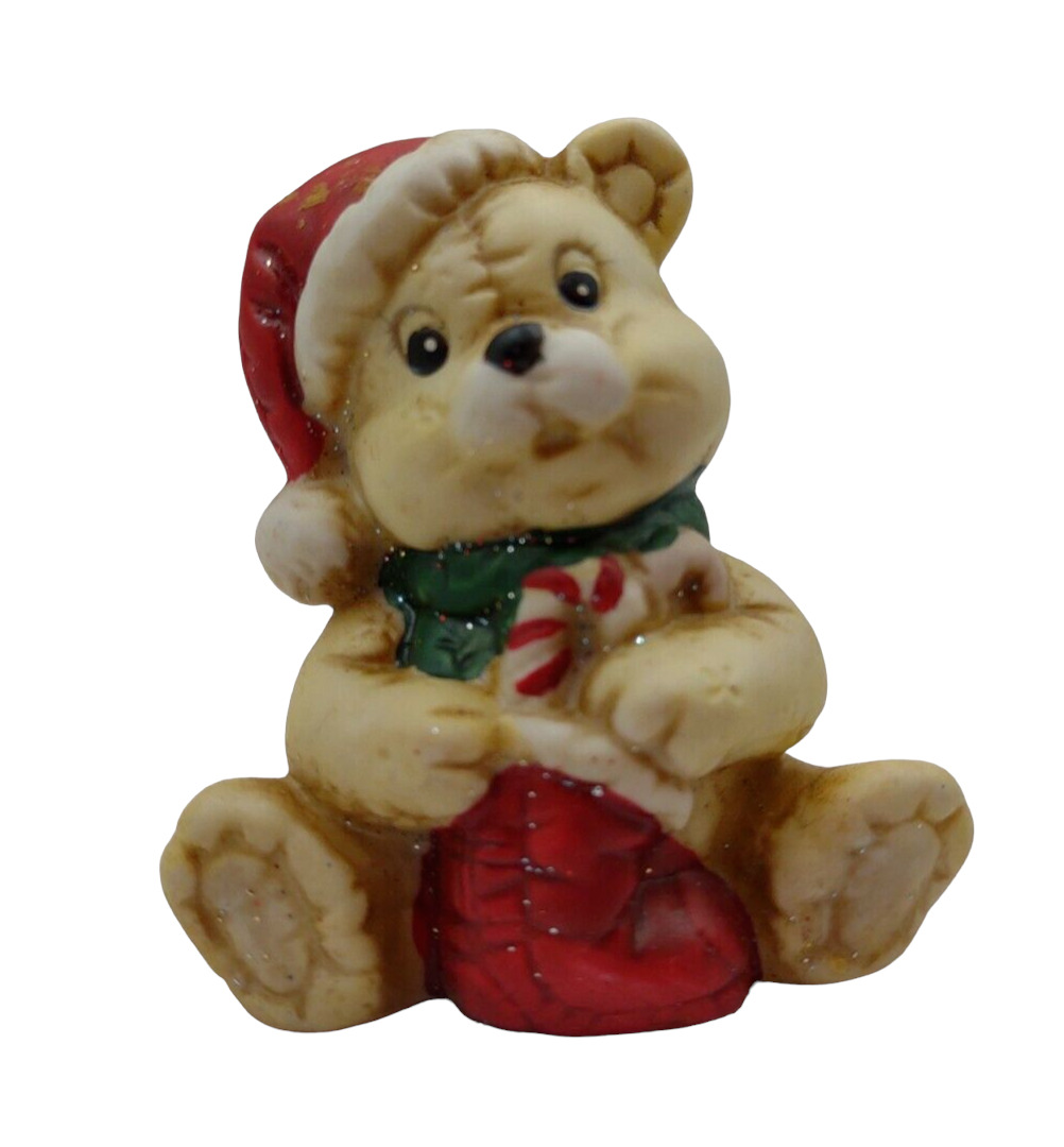 Vintage Flambro Cuddle Ups Ceramic Christmas Santa Bear Cub Stocking Figurine 3\