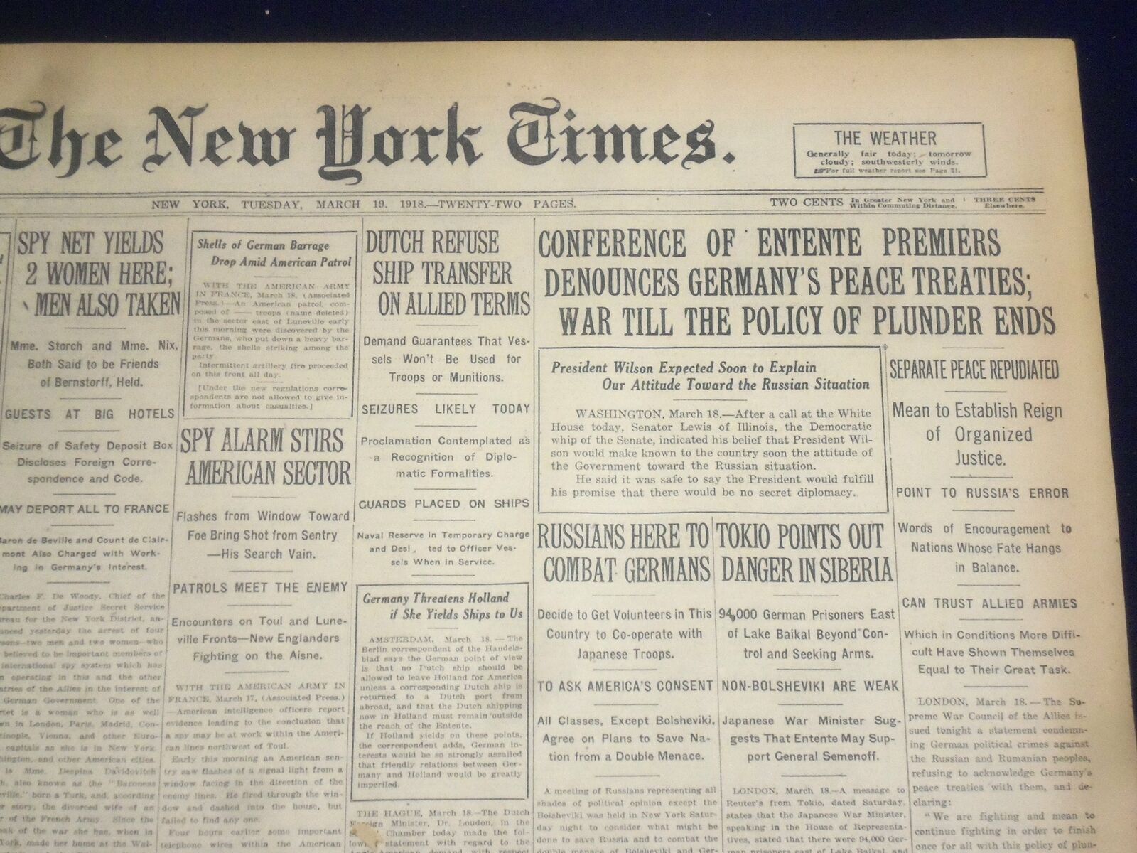 1918 MARCH 19 NEW YORK TIMES - GERMANY PEACE TREATIES DENOUNCED - NT 8166