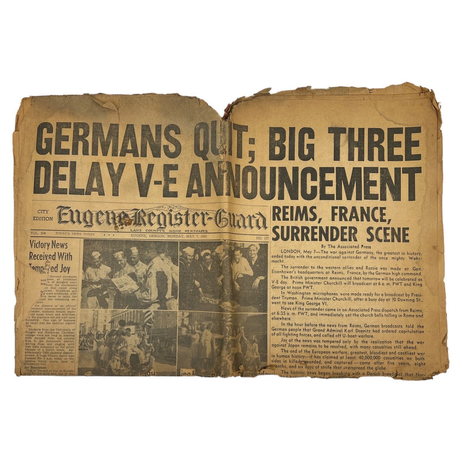 May 7 1945 Germans Quit Eugene Register -Guard Vintage Newspaper WWII Ephemera