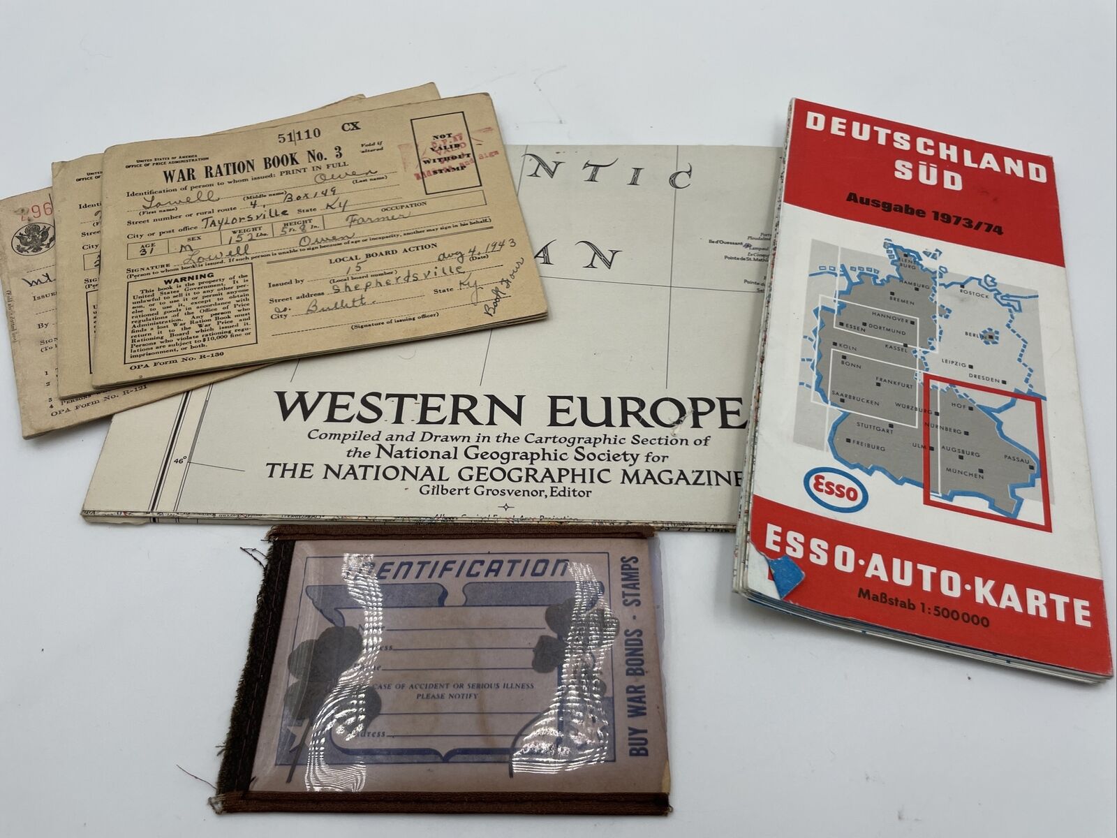 Vintage WWII War Ration Books With Stamps Maps and ID Card Ephemera Antique