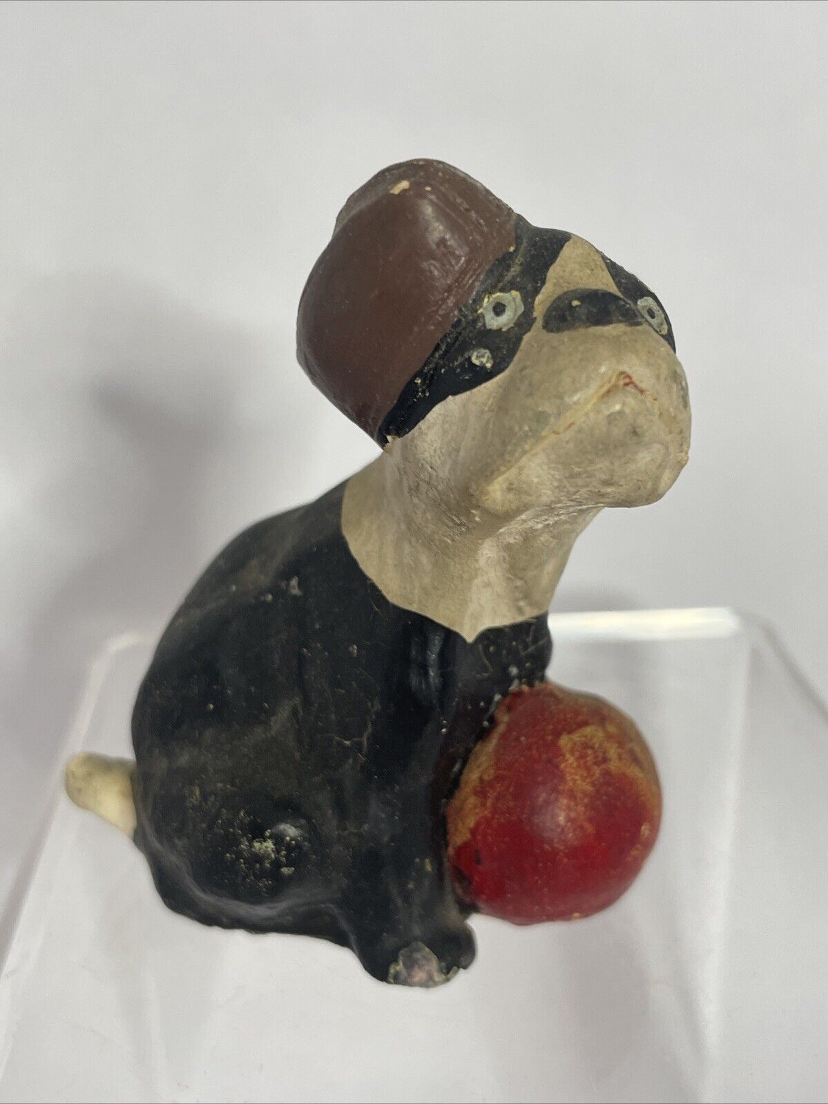 Vintage Chalkware Boston Terrier Figure GI With Hat And Ball Hand Painted 
