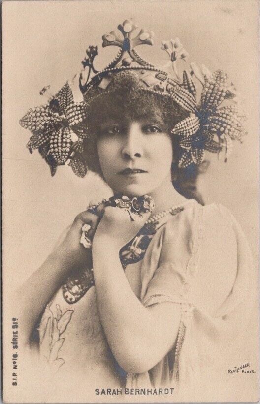 c1900s Actress Sarah Bernhardt RPPC Postcard Ornate Headdress \