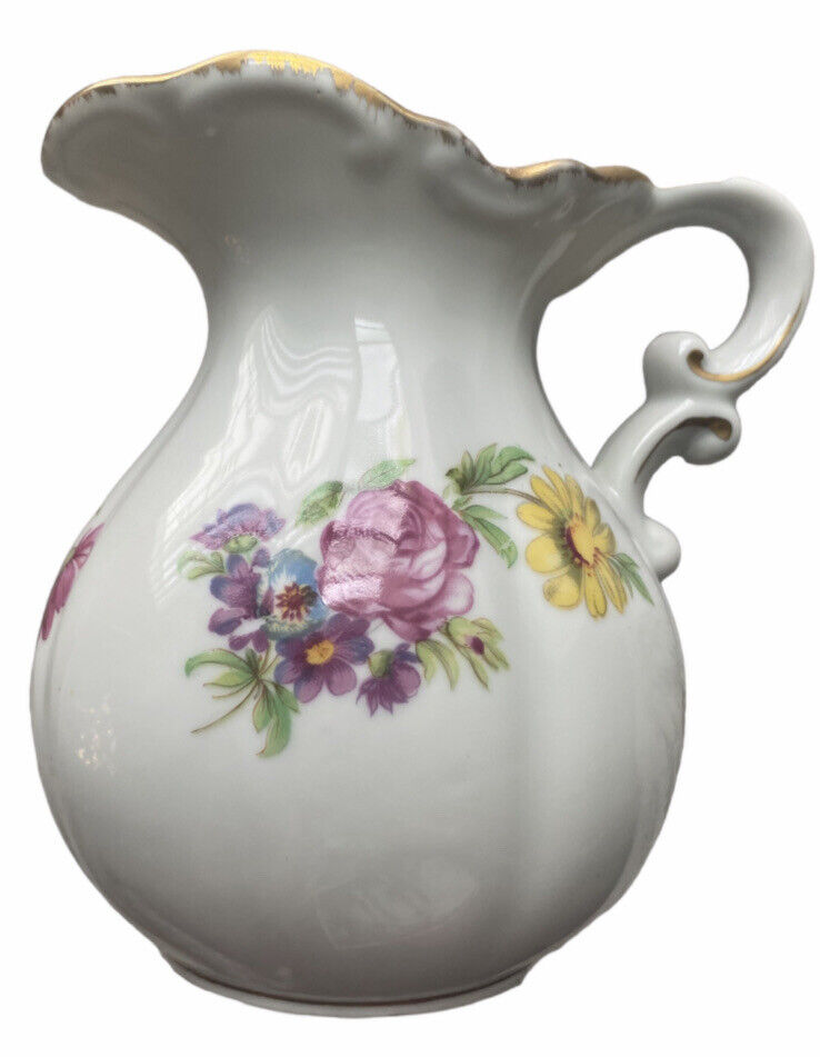 Lefton Vintage Porcelain Big Rose Flower Vase Pitcher Hand Painted Gold rim 7255