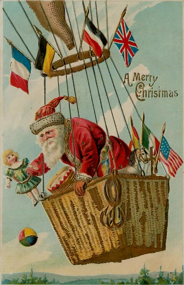 Santa Claus in Hot-Air Balloon~Flags~Toys Patriotic~Christmas Postcard~k484