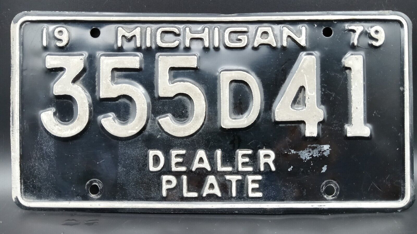 Michigan State 1979 Dealer License Plate  355D41 Black White Expired
