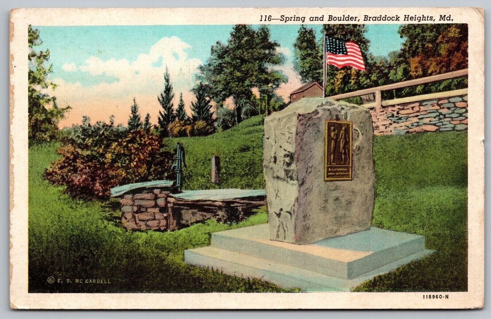 Spring Boulder Braddock Heights Maryland American Flag Memorial Vintage Postcard