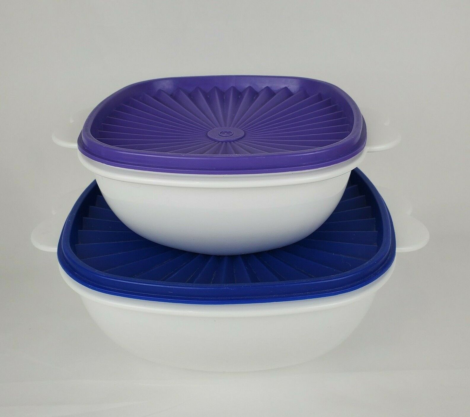 Tupperware Set of 2 Servalier Bowls w/ Lids #2510 #2511 White Blue Purple RARE