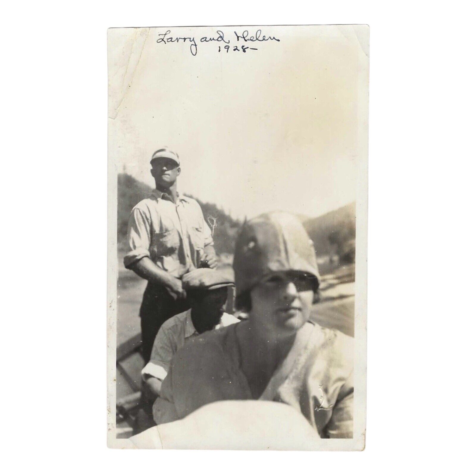 Vintage Snapshot Close Up Photo Flapper Woman Cloche Hat Men In Boat 1928 1920s