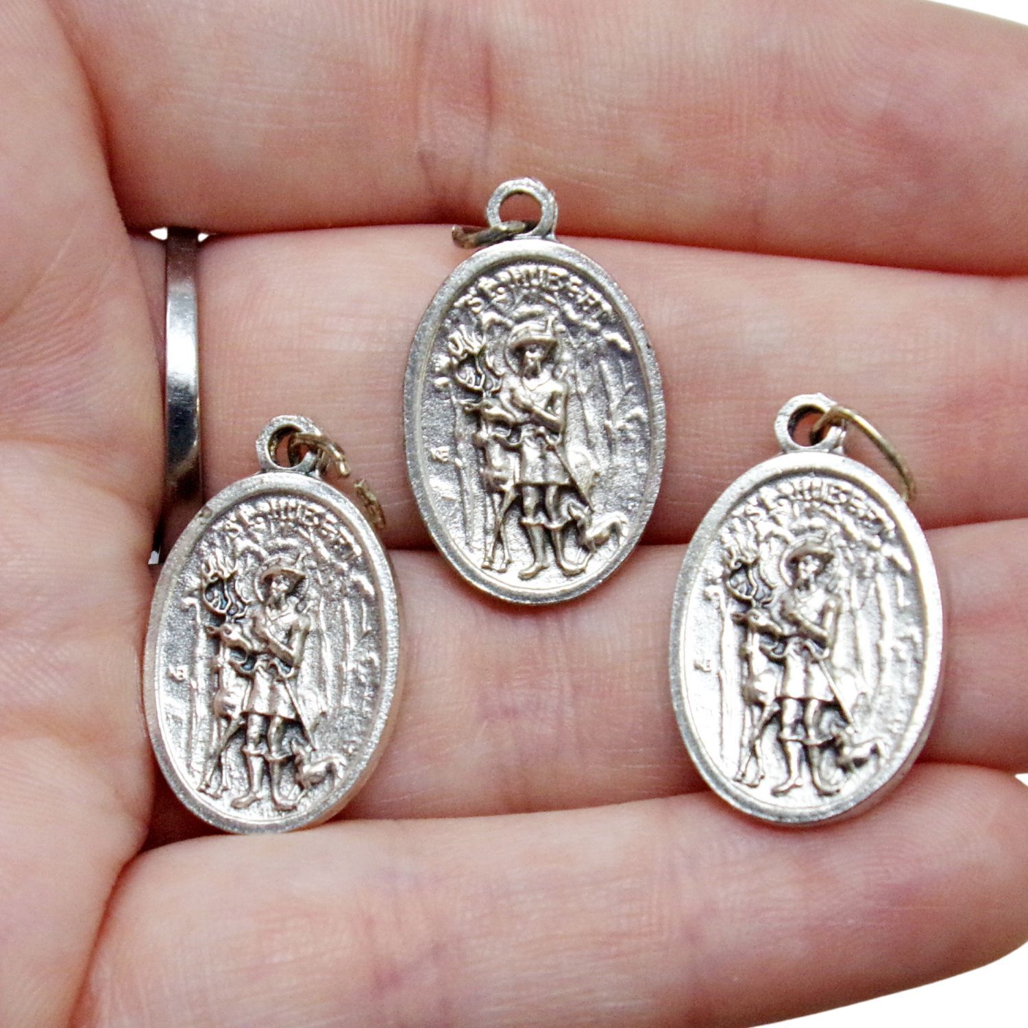 Saint Hubert and Roch Silver Tone Prayer Pendant Medals for Rosary Parts 1 In