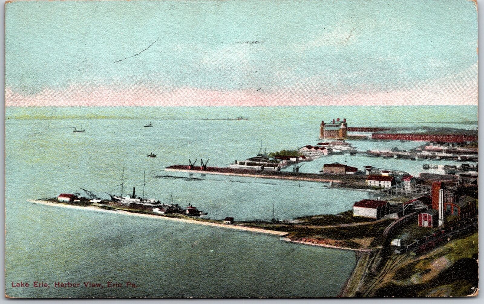 1908 Lake Erie Harbor View Erie Pennsylvania PA Pier Buildings Posted Postcard